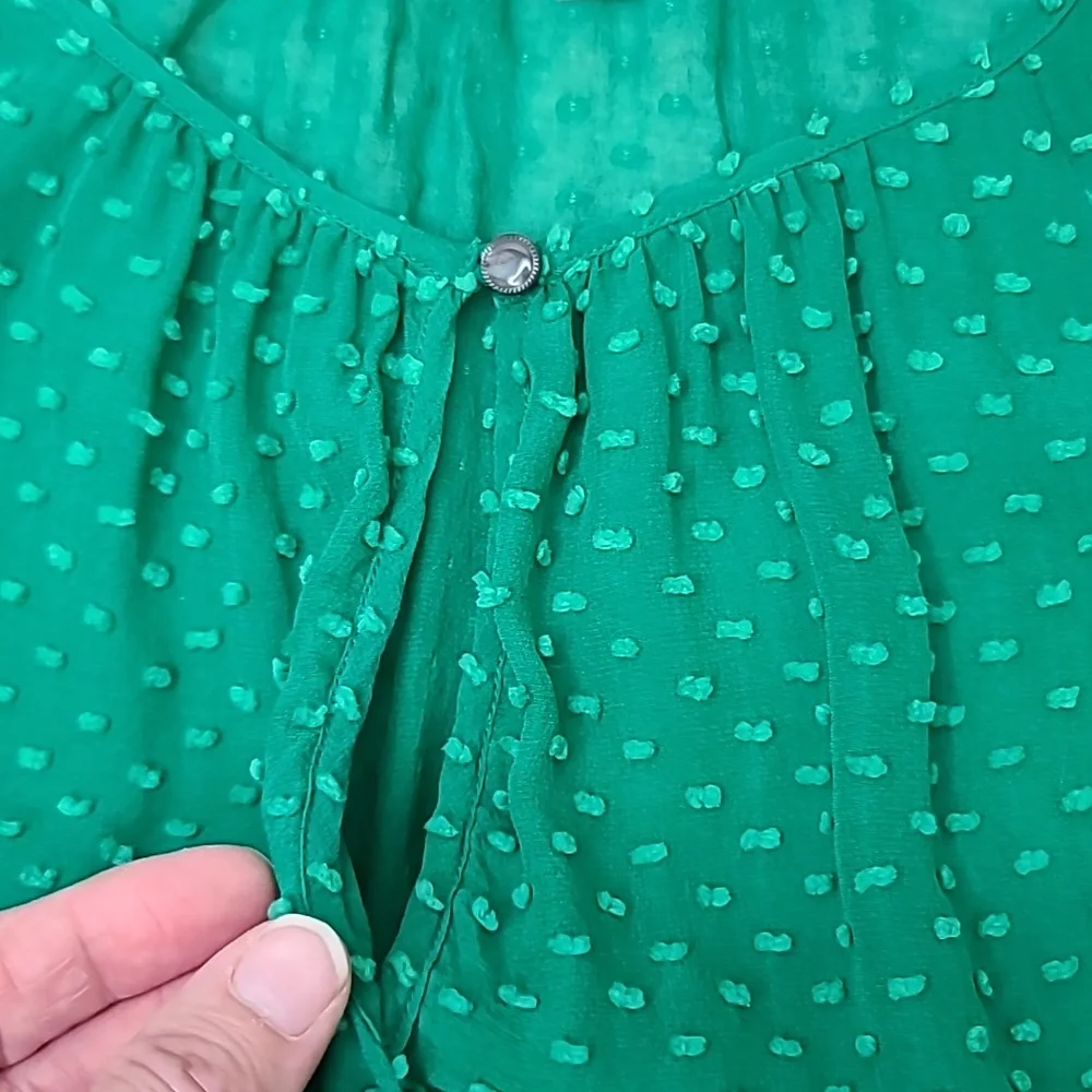 J Crew Flowy Sheer Silk Chiffon Long Sleeve Dot Blouse in Green - Picture 12 of 17